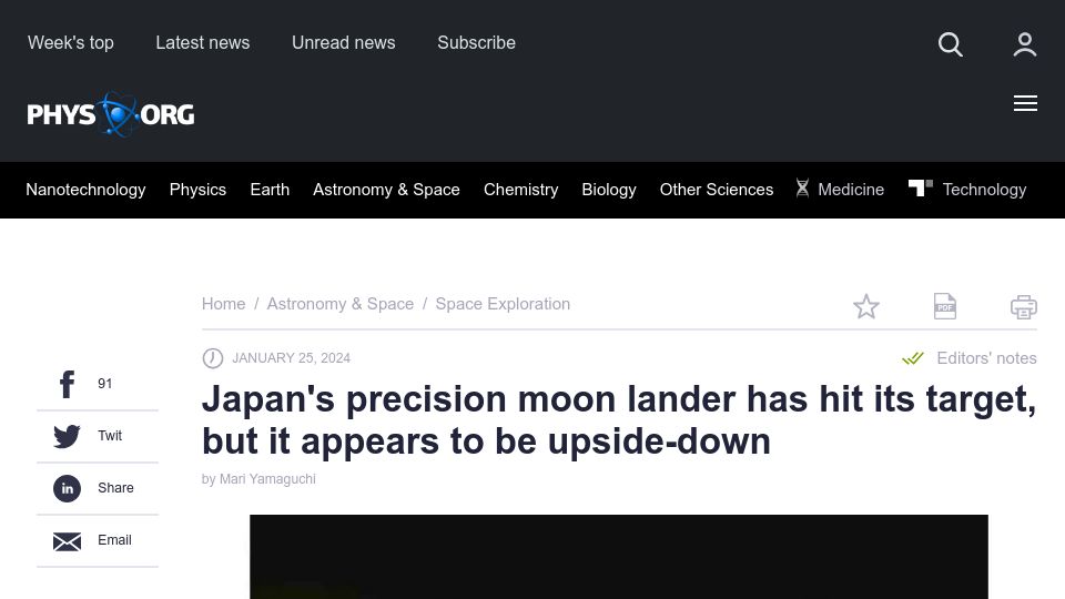 Screenshot of phys.org: Japan's precision moon lander has hit its target, but appears to be upside-down