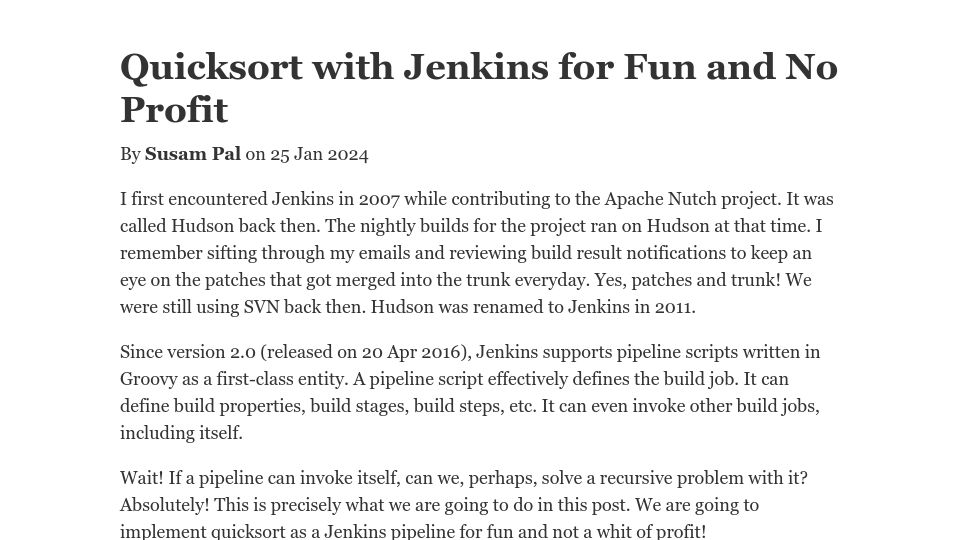 Screenshot of susam.net: Quicksort with Jenkins for fun and no profit