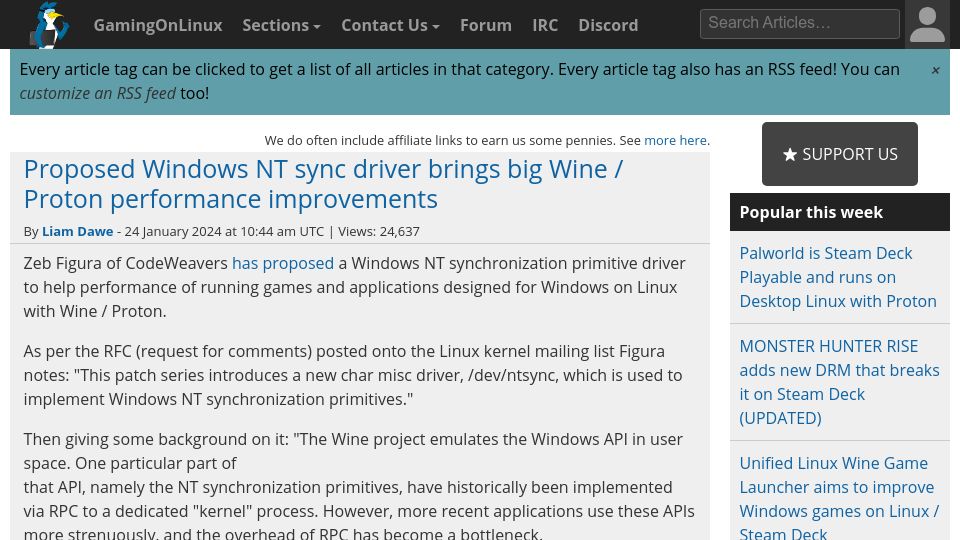 Screenshot of gamingonlinux.com: Proposed Windows NT sync driver brings big Wine/Proton performance improvements