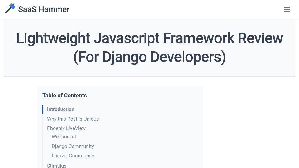 Screenshot of saashammer.com: Lightweight JavaScript Framework Review (For Django Developers)
