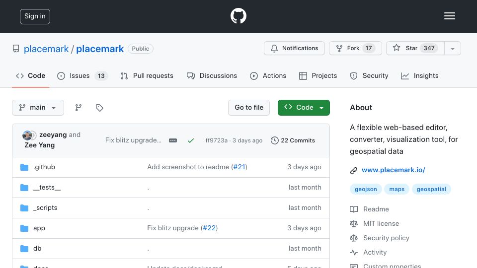 Screenshot of github.com: Placemark is now open source – web-based geospatial data editor