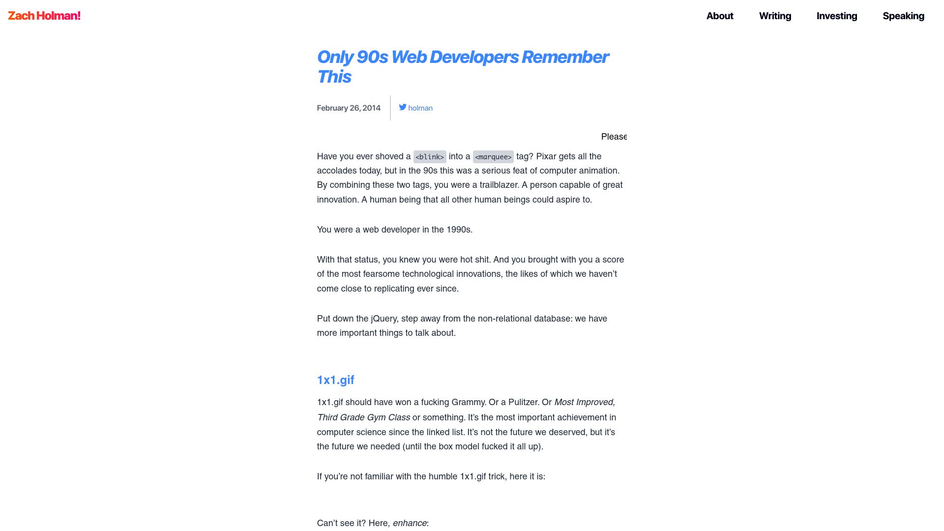 Screenshot of zachholman.com: Only 90s Web Developers Remember This (2014)