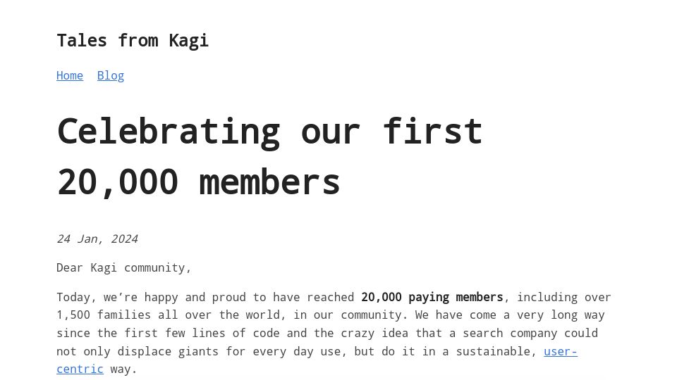 Screenshot of blog.kagi.com: Kagi search reached 20k paying members