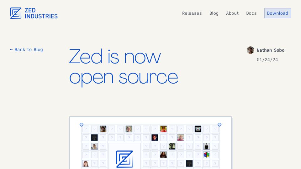 Screenshot of zed.dev: Zed, a collaborative code editor, is now open source