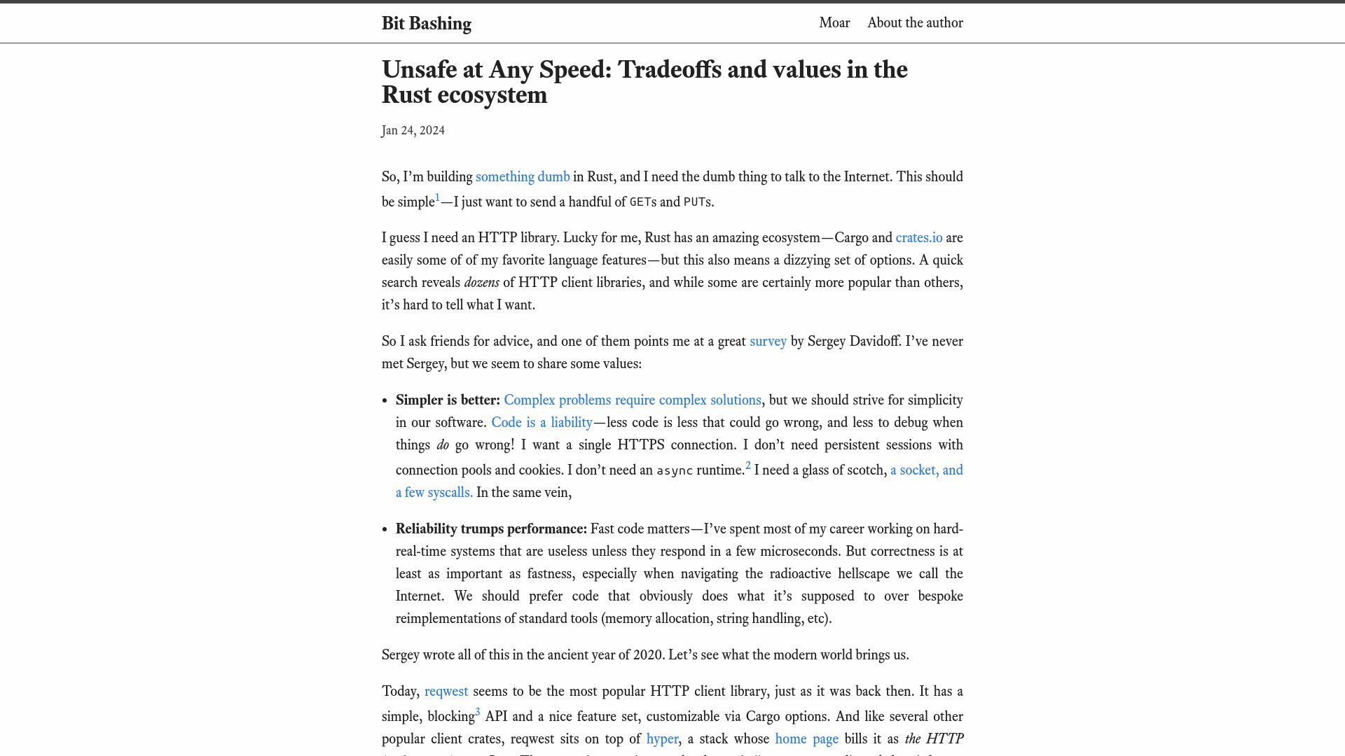 Screenshot of bitbashing.io: Unsafe at Any Speed: Tradeoffs and Values in the Rust Ecosystem