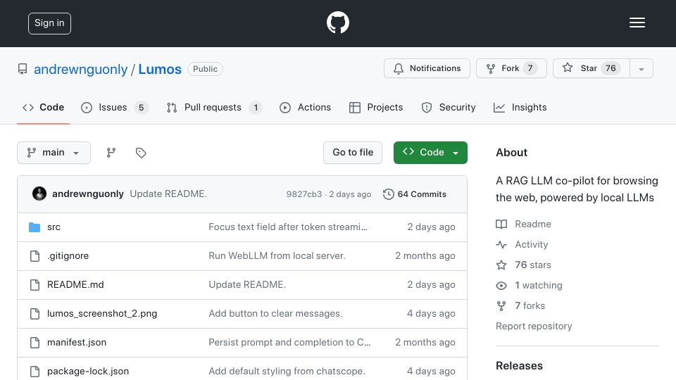 Screenshot of github.com: Show HN: Lumos, a local LLM Chrome extension