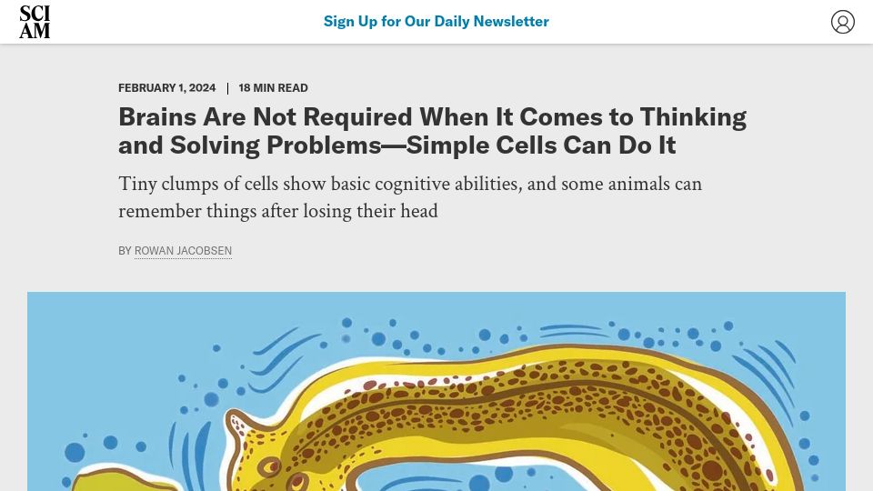 Screenshot of scientificamerican.com: Brains are not required to think or solve problems – simple cells can do it
