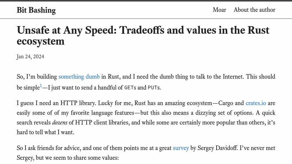 Screenshot of bitbashing.io: Unsafe at Any Speed: Tradeoffs and Values in the Rust Ecosystem