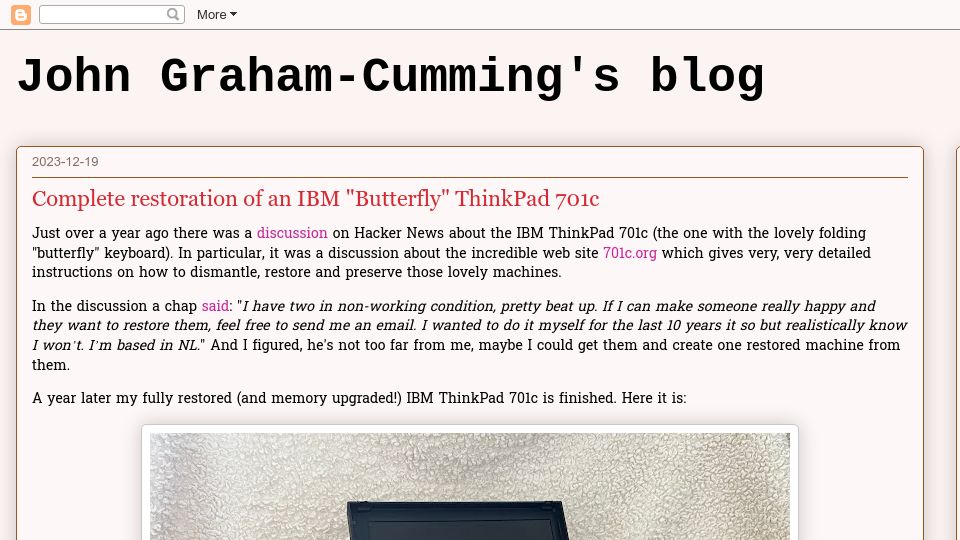 Screenshot of blog.jgc.org: Restoration of an IBM 701C Butterfly-keyboard laptop