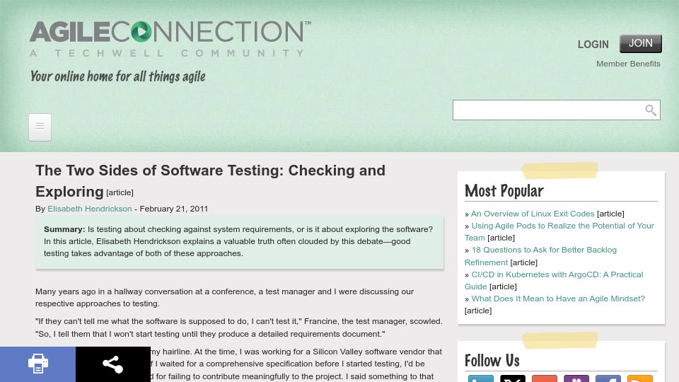 Screenshot of agileconnection.com: Two sides of software testing: Checking and exploring (2011)