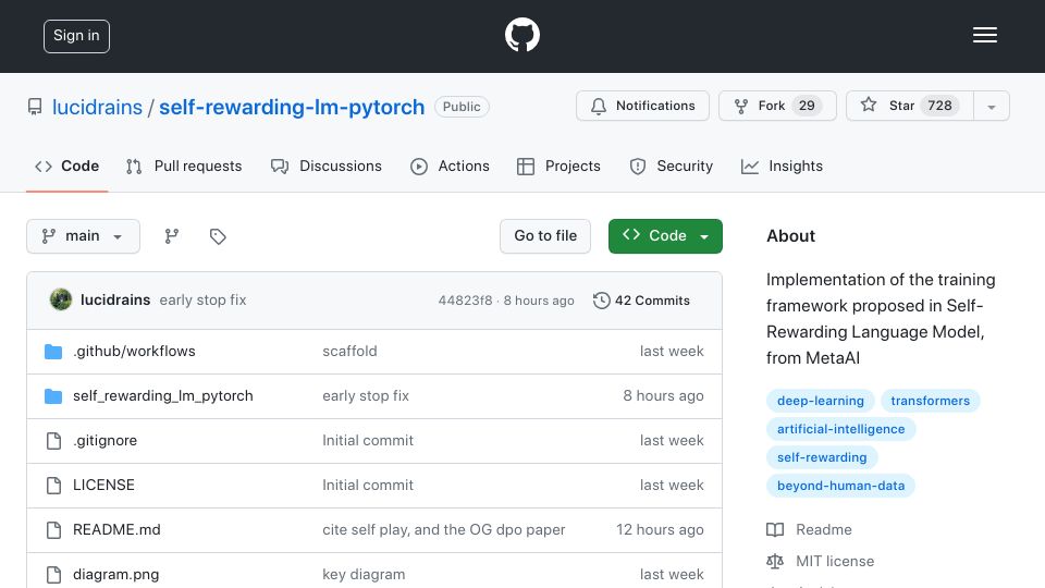 Screenshot of github.com: Self-rewarding-lm-PyTorch: Self-Rewarding Language Model from MetaAI