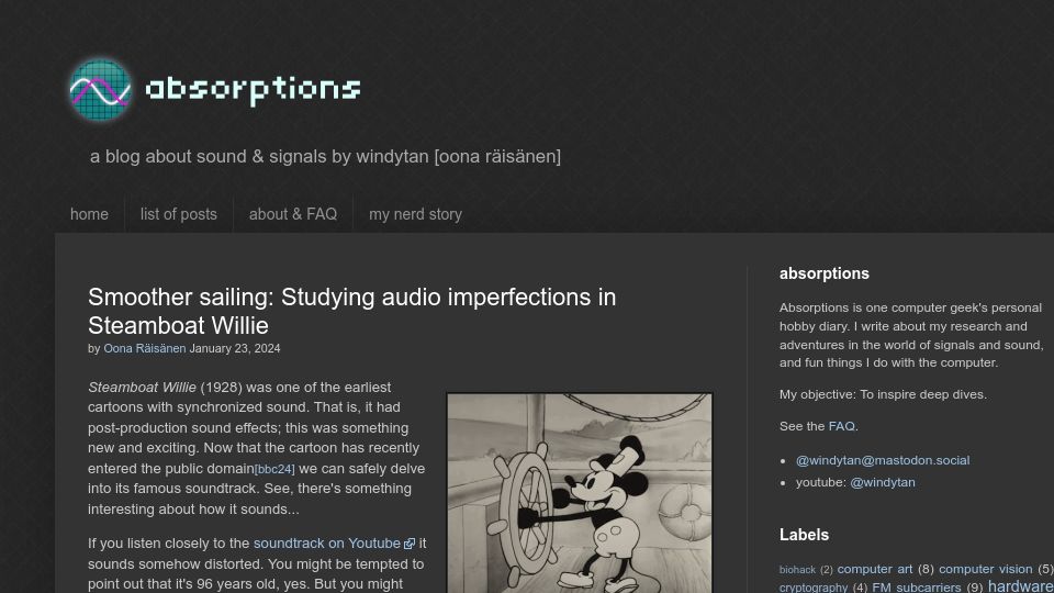 Screenshot of windytan.com: Smoother sailing: Studying audio imperfections in Steamboat Willie