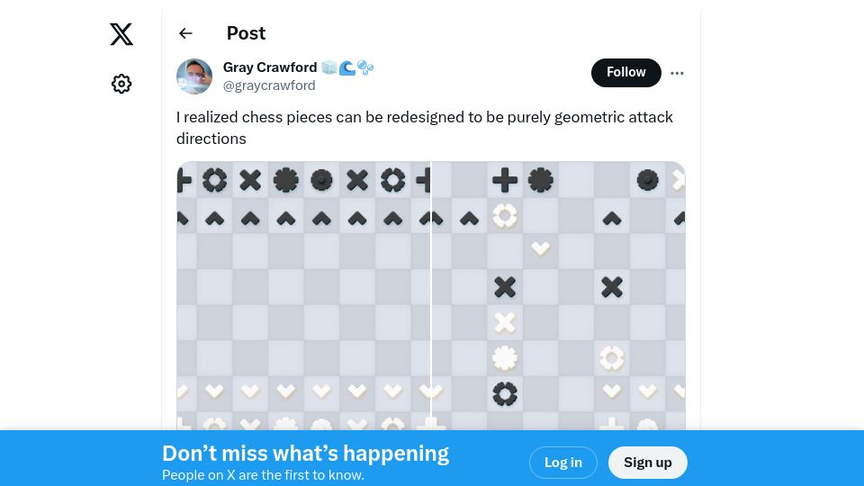 Screenshot of twitter.com: I realized chess pieces can be redesigned to be geometric attack directions