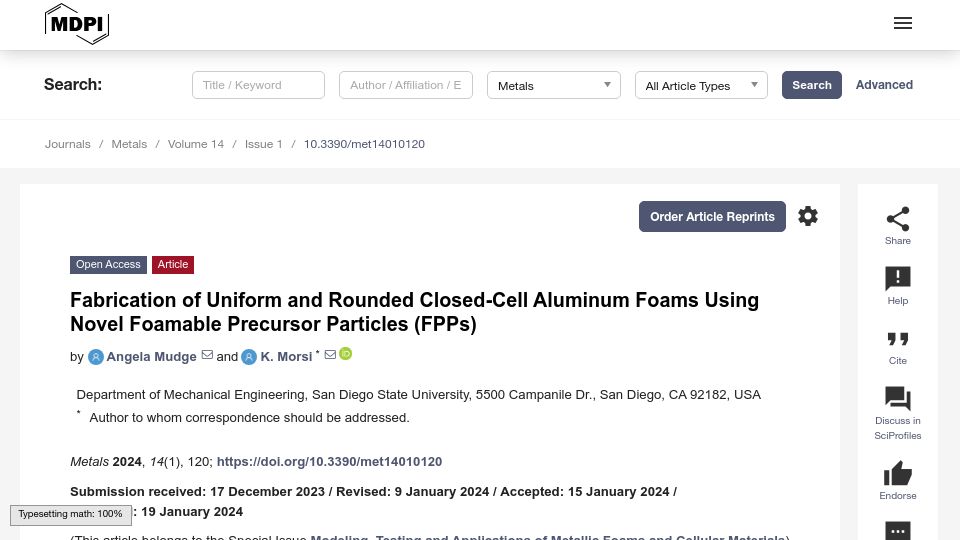 Screenshot of mdpi.com: Fabrication of Uniform and Rounded Closed-Cell Aluminum Foams