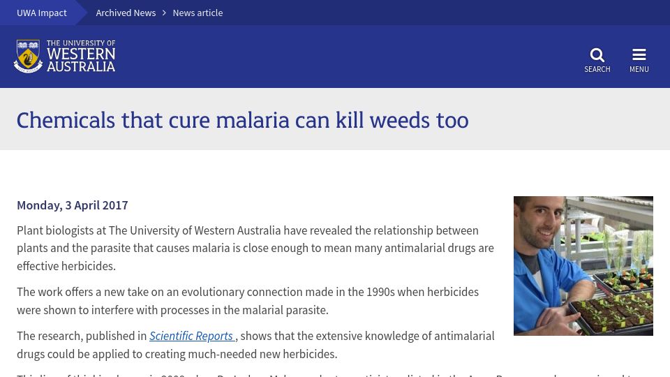 Screenshot of news.uwa.edu.au: Chemicals that cure malaria can kill weeds too (2017)