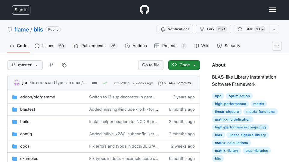 Screenshot of github.com: BLIS: A BLAS-like framework for basic linear algebra routines