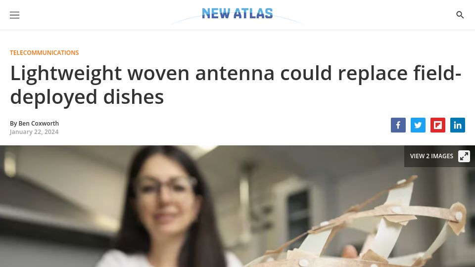 Screenshot of newatlas.com: Lightweight woven helical antenna could replace field-deployed dishes