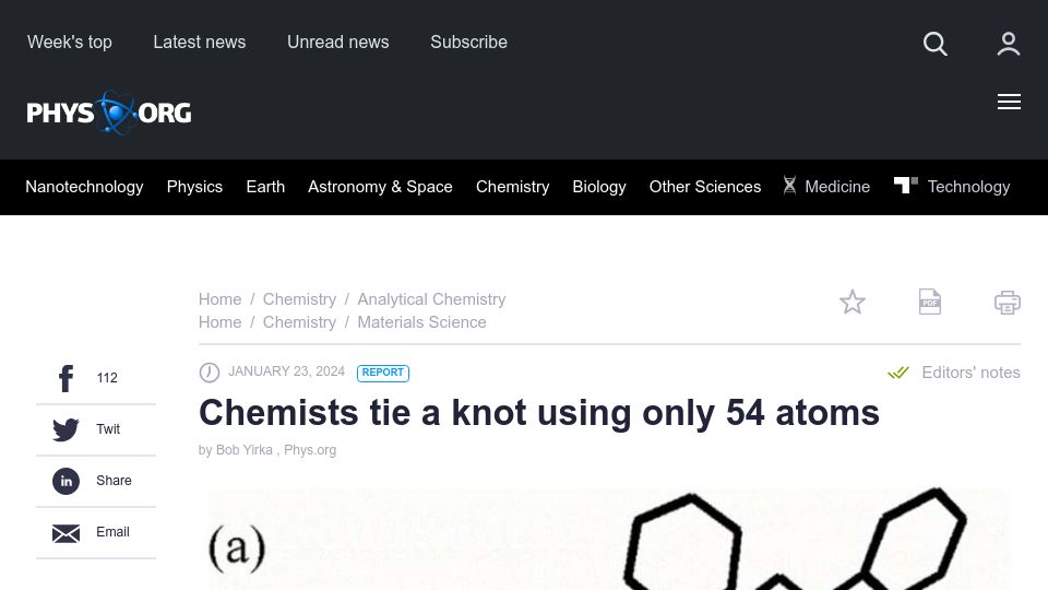 Screenshot of phys.org: Chemists tie a trefoil knot using only 54 atoms