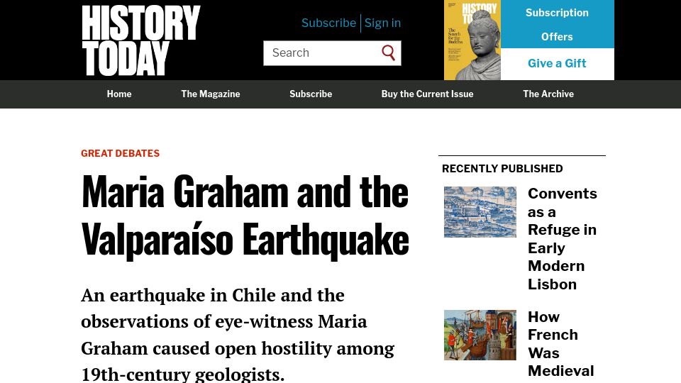 Screenshot of historytoday.com: Maria Graham and the Valparaíso Earthquake