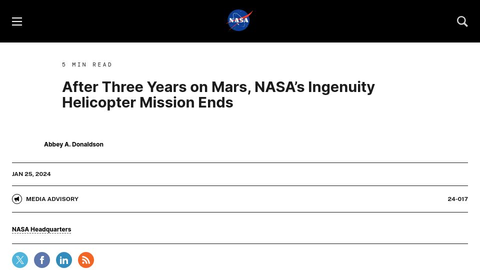 Screenshot of nasa.gov: Due to blade damage, Mars Helicopter Ingenuity will not fly again