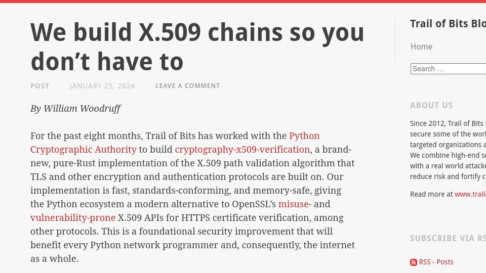 Screenshot of blog.trailofbits.com: We build X.509 chains so you don't have to