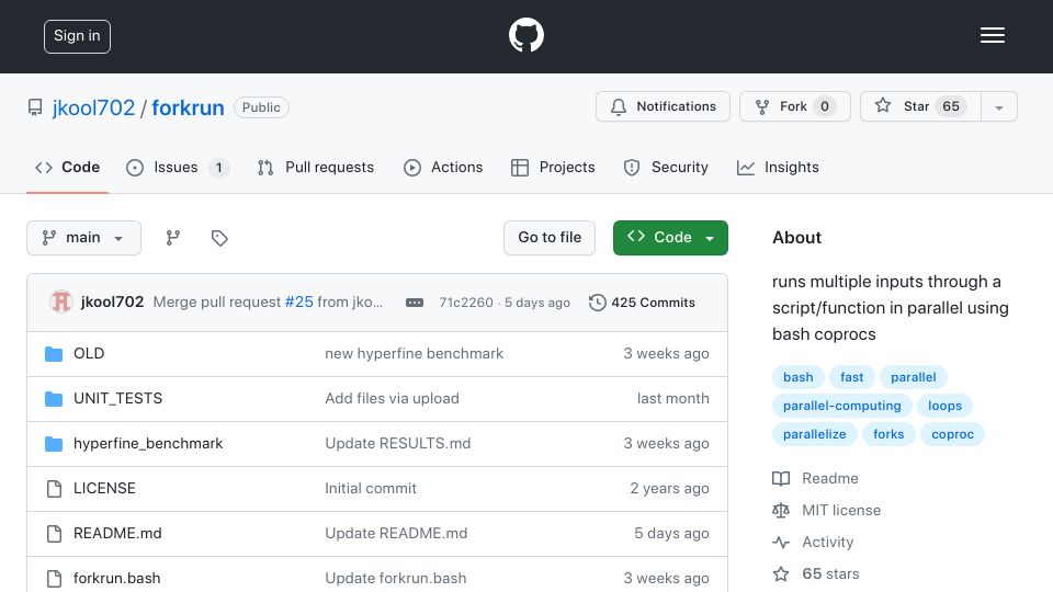 Screenshot of github.com: Forkrun: Runs multiple inputs through a command in parallel using bash coprocs