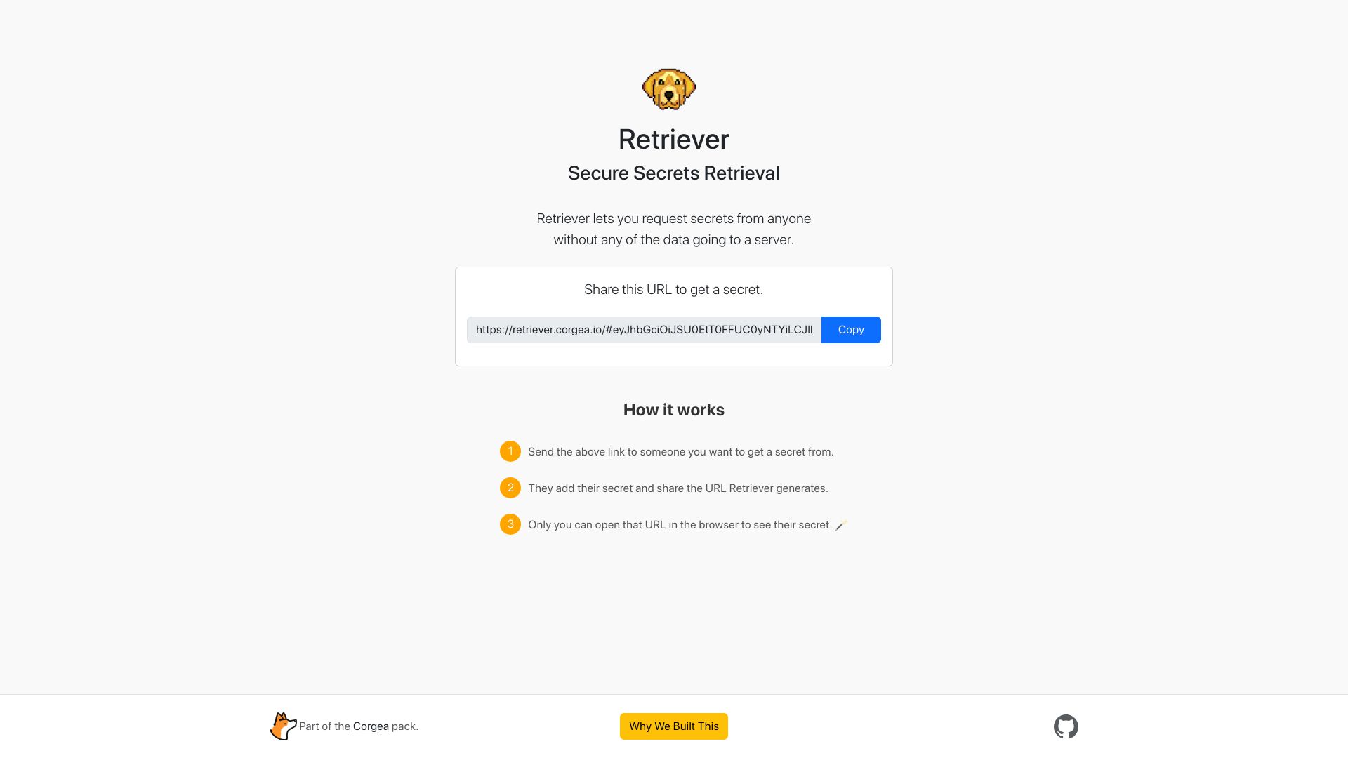 Screenshot of retriever.corgea.io: Show HN: Retriever – Securely share secrets over the internet