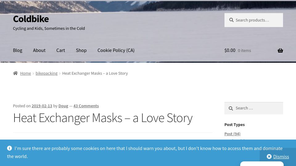 Screenshot of coldbike.com: Heat exchanger masks for cold weather cycling (2019)