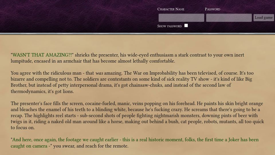 Screenshot of improbableisland.com: Improbable Island, one of the largest and longest-running online text adventures