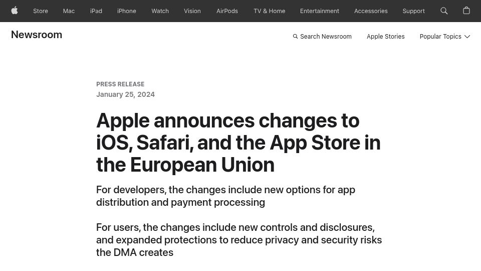 Screenshot of apple.com: Apple announces changes to iOS, Safari, and the App Store in the European Union