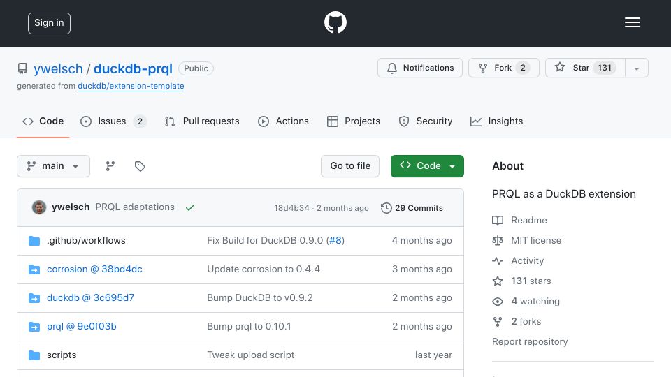 Screenshot of github.com: PRQL as a DuckDB Extension