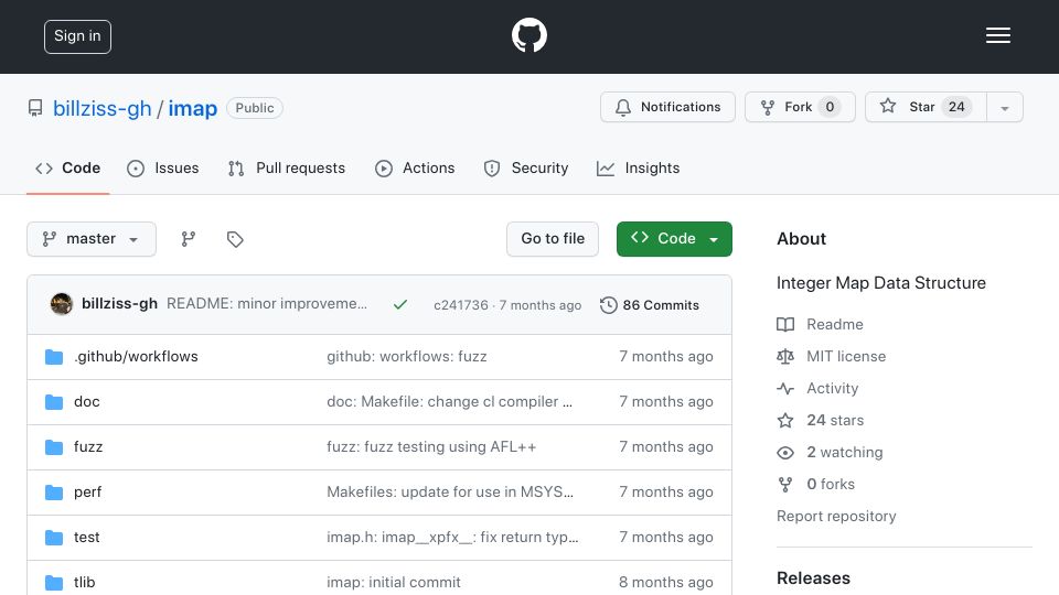 Screenshot of github.com: Show HN: Integer Map Data Structure