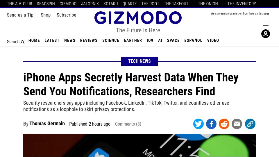 Screenshot of gizmodo.com: iPhone apps harvest data when they send you notifications, researchers find