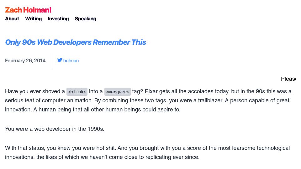 Screenshot of zachholman.com: Only 90s Web Developers Remember This (2014)