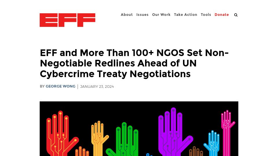 Screenshot of eff.org: Proposed UN cybercrime treaty has evolved into an expansive surveillance tool