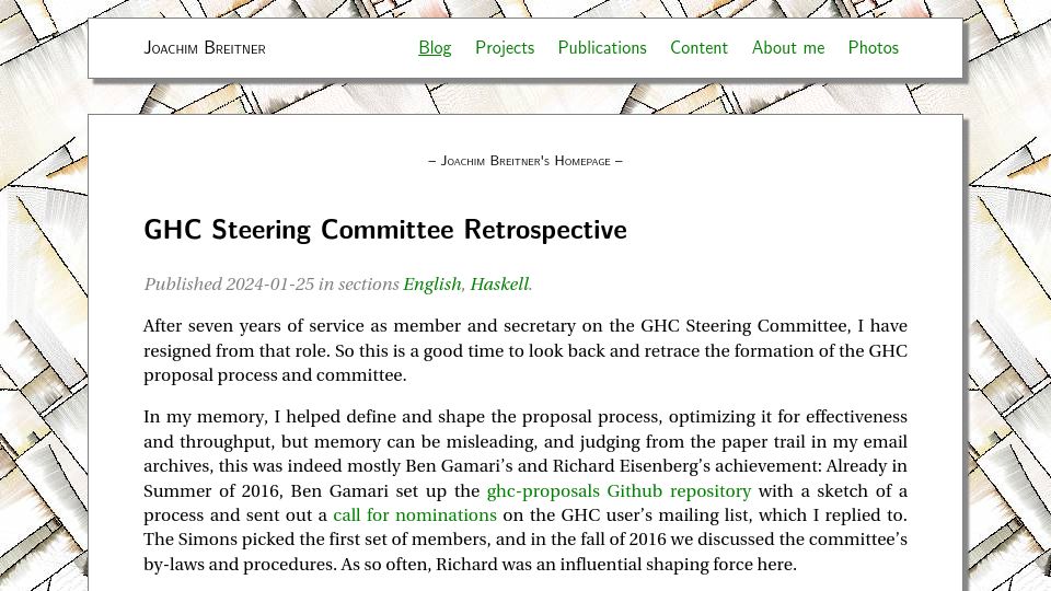 Screenshot of joachim-breitner.de: GHC Steering Committee Retrospective