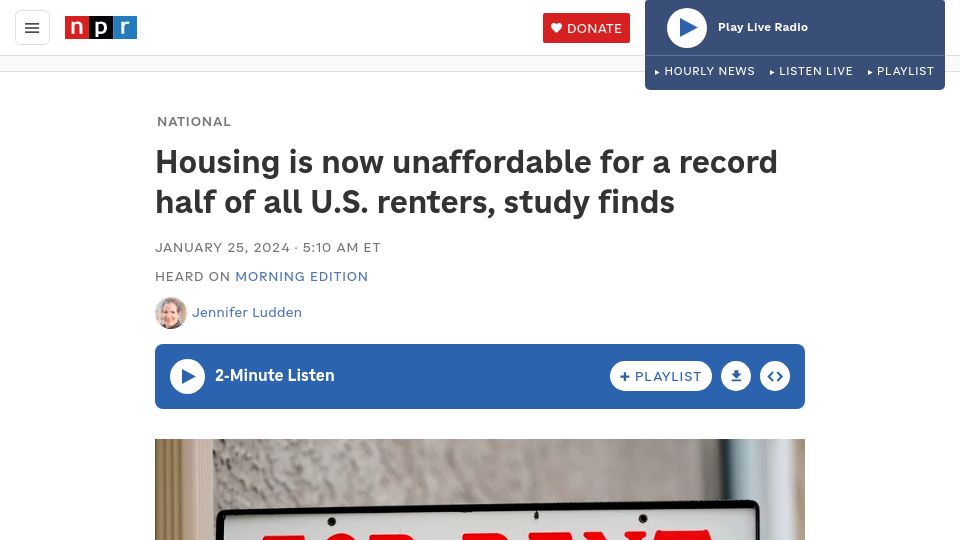 Screenshot of npr.org: Housing is now unaffordable for a record half of all U.S. renters