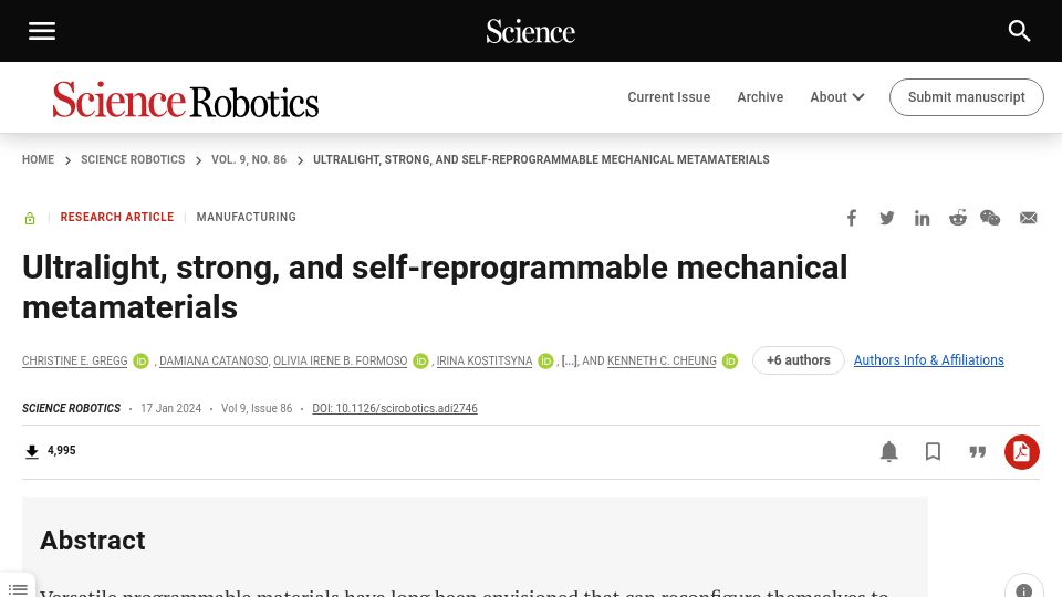 Screenshot of science.org: Ultralight, strong, and self-reprogrammable mechanical metamaterials