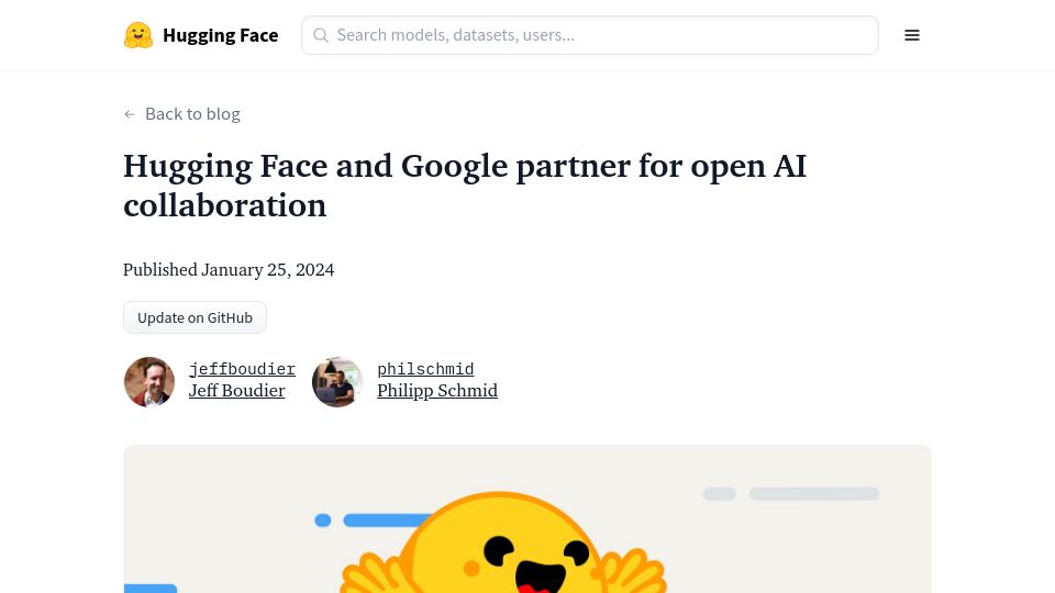 Screenshot of huggingface.co: Hugging Face and Google partner for AI collaboration