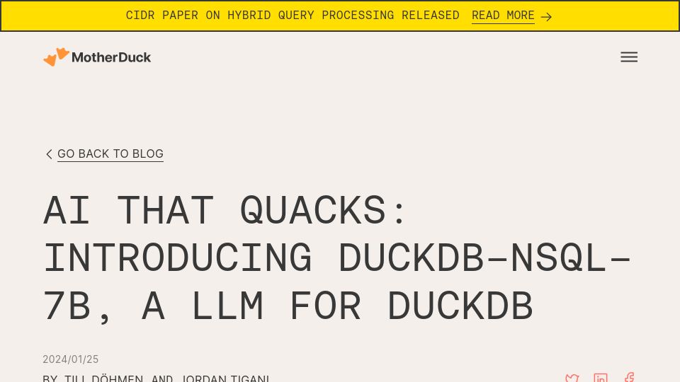 Screenshot of motherduck.com: An open source DuckDB text to SQL LLM