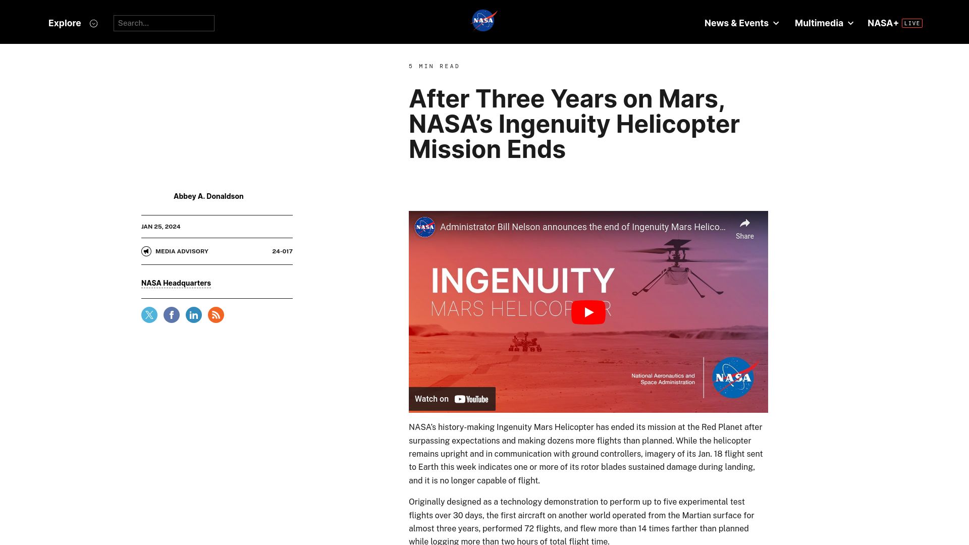 Screenshot of nasa.gov: Due to blade damage, Mars Helicopter Ingenuity will not fly again