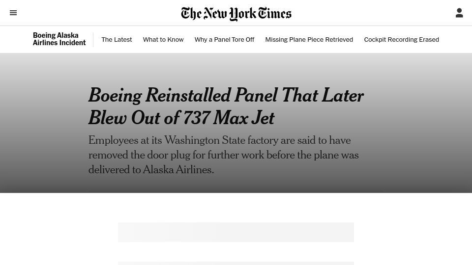 Screenshot of nytimes.com: Boeing Reinstalled Panel That Later Blew Out of 737 MAX Jet
