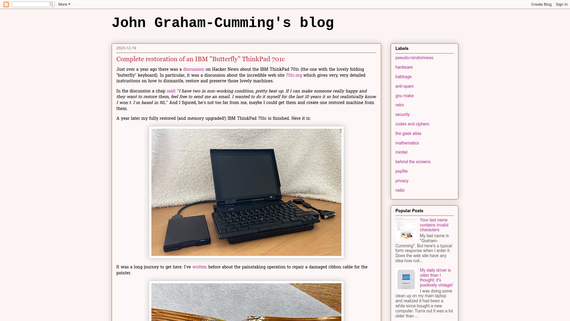 Screenshot of blog.jgc.org: Restoration of an IBM 701C Butterfly-keyboard laptop