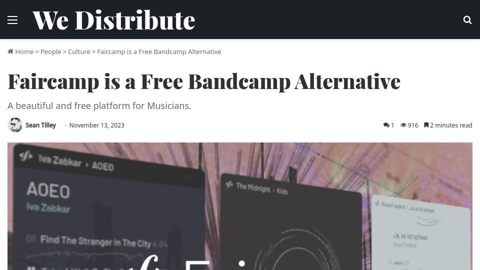 Screenshot of wedistribute.org: Faircamp is a free Bandcamp alternative