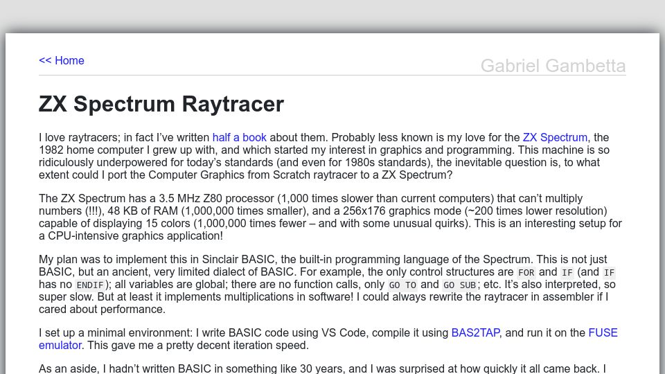 Screenshot of gabrielgambetta.com: ZX Spectrum Raytracer