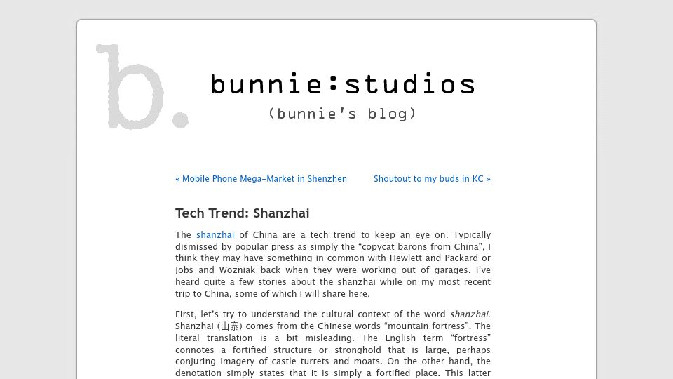 Screenshot of bunniestudios.com: Tech Trend: Shanzhai (2009)