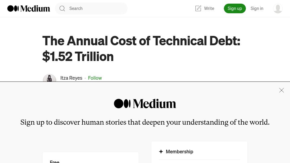 Screenshot of itzareyesmx.medium.com: The Annual Cost of Technical Debt: $1.52T