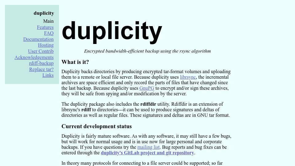 Screenshot of duplicity.us: Duplicity: Encrypted bandwidth-efficient backup