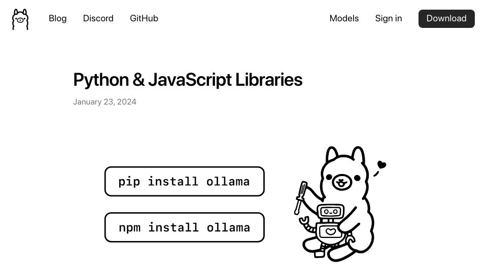 Screenshot of ollama.ai: Ollama releases Python and JavaScript Libraries
