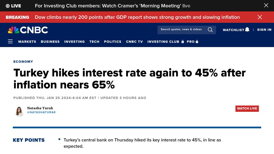 Screenshot of cnbc.com: Turkey hikes interest rate again to 45% after inflation nears 65%